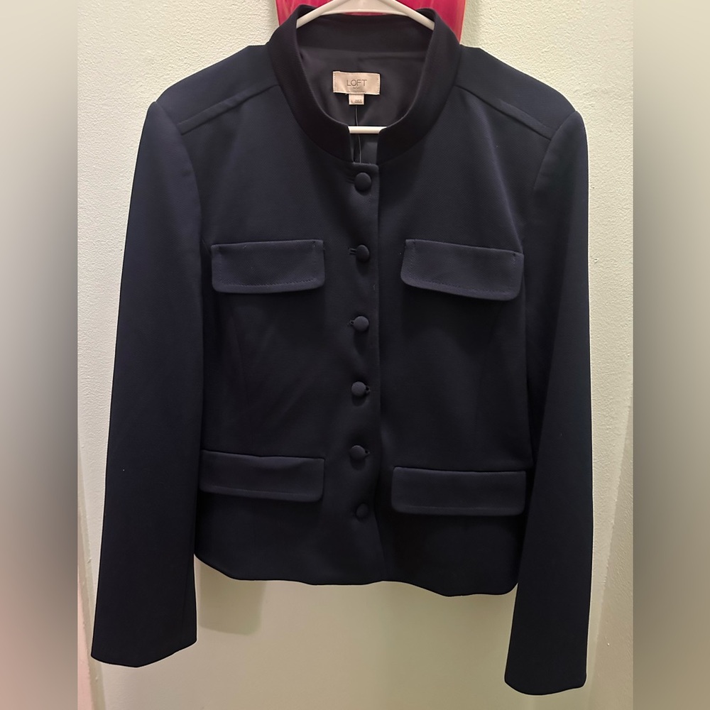 LOFT Navy Collarless Button-Front Blazer